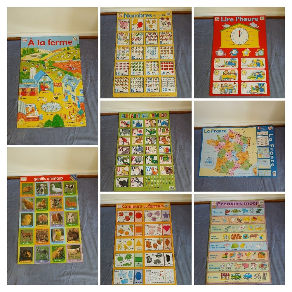 Learning French Educational Posters 30" x 20.5: Ferme, Alphabet, Nombres, Heure